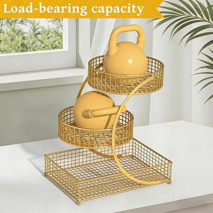 BCWW 3 Tiers Makeup Organizer Countertop Multi Bathroom Counter Organizer Metal Fruit Basket Perfume Skincare Organizers Holder for Vanities, Cabinet, Cosmetic, Dresser Organizer (Gold)