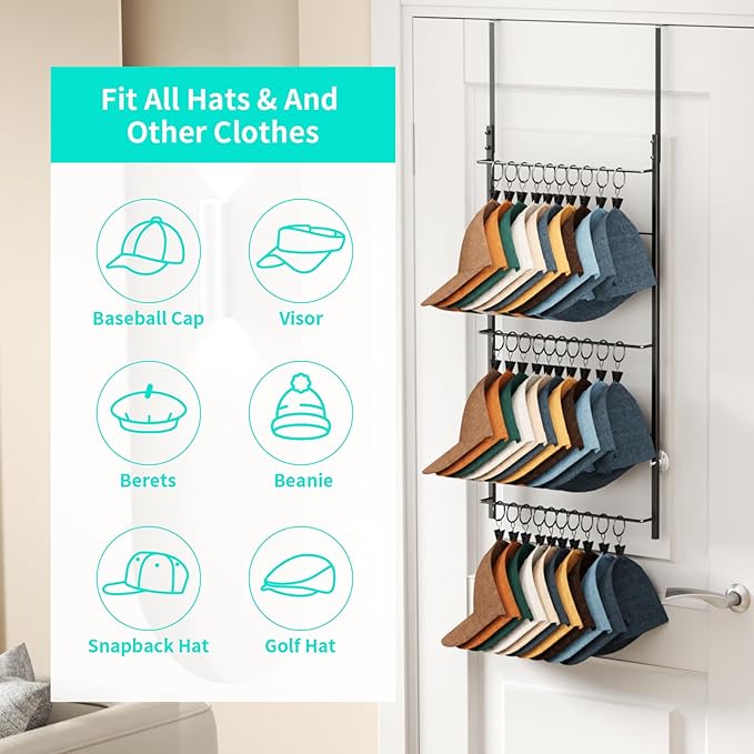 HapiRm Over Door Hat Rack - 3 Tier Wall Mounted Hat Organizer with 30 Movable Clips, Baseball Cap Organizer Storage Holds up to 30 Caps for Door, Bedroom, Closet