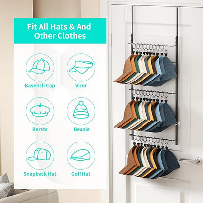 HapiRm Over Door Hat Rack - 3 Tier Wall Mounted Hat Organizer with 30 Movable Clips, Baseball Cap Organizer Storage Holds up to 30 Caps for Door, Bedroom, Closet