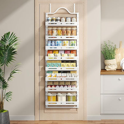 8-Tier Over The Door Pantry Organizer, Large 2 IN 1 Wall Mount or Hanging Spice Rack, Pantry Door Organizer and Storage with Adjustable Basket, Door Spice Rack for Pantry, White