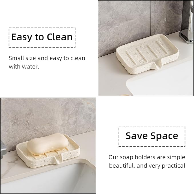 Soap Dish Self Draining Bar Soap Holder Travertine Stone Look Sponge Holders Tray for Shower Bathroom Kitchen Bathtub,Perfect for Dispenser,Scrubber,Bottle,Cup on Sink or Counter (White)