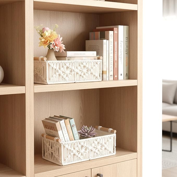 2 Pack Macrame Storage Baskets, Boho Decor Baskets Woven Storage Boxes for Organization Countertop Toilet Paper Basket for Home Decor Bedroom Nursery Livingroom Entryway, White