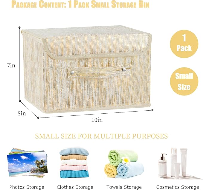 Decorative Storage Boxes with Lid Luxury Metallic Fabric Storage Bins Organizer Containers Collapsible Shelf Baskets with Handles for Home Bedroom Closet Office (Gold, Small Size)