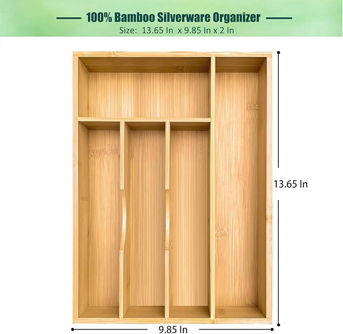 guiogc Bamboo Silverware Drawer Organizer, Silverware Organizer, Silverware Utensil Tray Holder and Cutlery Tray for Flatware and Kitchen Utensils