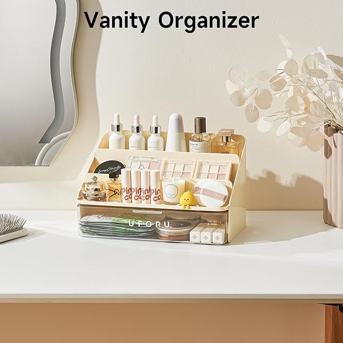 UFORU 3-Tier Display Riser with Large Detachable Drawer, Plastic Storage Shelf, Perfume and Cologne Organizer Stand, Makeup Organizer for Vanity, Bathroom, Office, Cream White