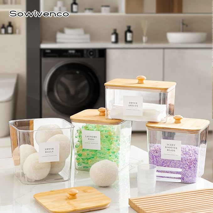 3+1 Pack Laundry Pods Container & Dryer Sheet Holder, Acrylic Square Laundry Room Organization and Storage Jars with Wooden Lids & Labels for Powder, Scent Booster, Detergent