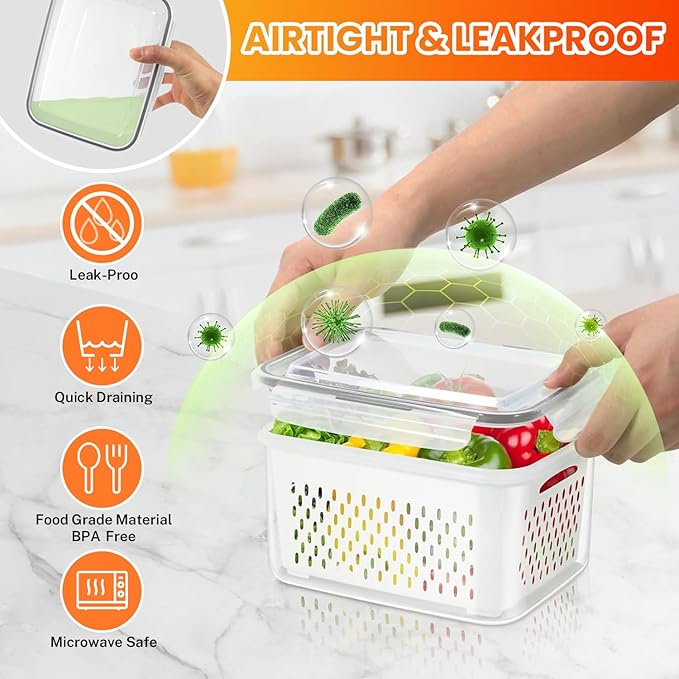 8 Pieces Fruit Storage Containers for Fridge with Lids and Strainer, 4Pack Fruit Containers for Fridge, Fresh Produce Saver Keeper for Vegetable Fruit Salad, BPA Free Fruit Organizer for Refrigerator