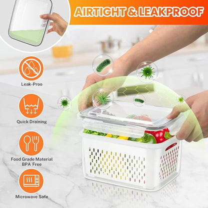 8 Pieces Fruit Storage Containers for Fridge with Lids and Strainer, 4Pack Fruit Containers for Fridge, Fresh Produce Saver Keeper for Vegetable Fruit Salad, BPA Free Fruit Organizer for Refrigerator