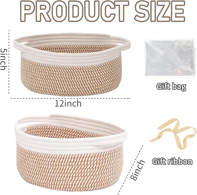 JMvicyroam Woven Basket,Small Rope Storage Bin with Handles & Ribbon Bag, Organizer for Shelves Closets,Gift Basket Empty for Birthday,Books,Dog Toys, White&Brown Block