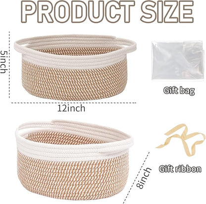 JMvicyroam Woven Basket,Small Rope Storage Bin with Handles & Ribbon Bag, Organizer for Shelves Closets,Gift Basket Empty for Birthday,Books,Dog Toys, White&Brown Block