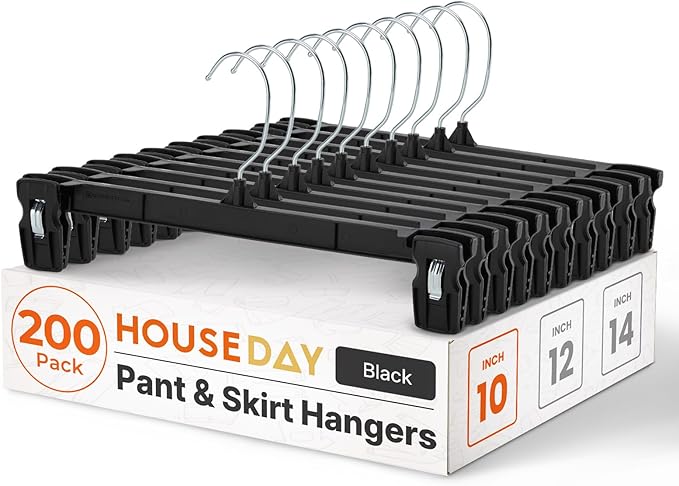 HOUSE DAY 200 Pack Pants Hangers - 10 Inch Plastic Hangers with Non Slip Clips for Skirts, Jeans, Shorts, Trousers - Space Saving Clip Hangers with 360-Degree Rotating Hook