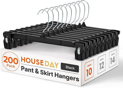 HOUSE DAY 200 Pack Pants Hangers - 10 Inch Plastic Hangers with Non Slip Clips for Skirts, Jeans, Shorts, Trousers - Space Saving Clip Hangers with 360-Degree Rotating Hook
