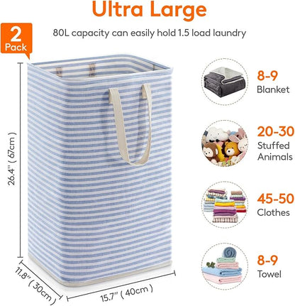 Lifewit 2 Pack Laundry Basket 80L Each, Collapsible Clothes Hamper with Reinforced Handles, Freestanding Waterproof Design for Bedroom and Laundry Room, Blue 160L Total
