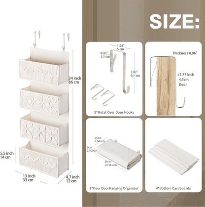 janebeauties Over the Door Organizer Macrame Boho Nursery Storage with 4 Large Woven Pockets, Hanging Basket for Bathroom, Nursery & Closet Doors, Behind the Door Storage Organizer, Cream White