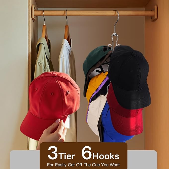 Hat Hanger 2pcs Metal Hat Storage For Baseball Caps,Rotatable Hat Organizer For Closet,Hat Rack With 6 Hooks Up to 30 Caps Hold,Silvery