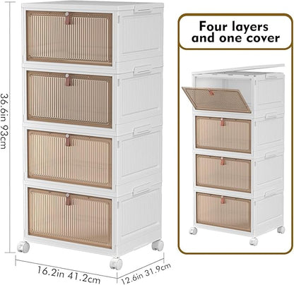 YFXCVSL 4 Tier Plastic Storage Bins with Lid 28QT - Stackable Storage Containers with Wheels, Folding Storage Boxes, Collapsible Storage Bins, Closet Organizers and Storage