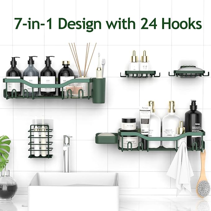 NESOMI Shower Caddy Adhesive Shower Organizer 7-Pack, Rustproof Stainless Steel Bathroom Shelves, Large Capacity No-Drill Rack Storage Accessories with Soap Dish Toothbrush Holder Hooks