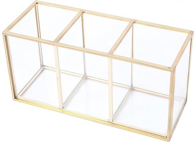 JIARI Gold 3-Compartment Desktop Organizer, Transparent Glass Makeup Brush Holder, 7.08x3.54x2.75 Inches Storage for Home Office and School Items (Gold-3 Slot)