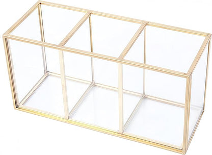 JIARI Gold 3-Compartment Desktop Organizer, Transparent Glass Makeup Brush Holder, 7.08x3.54x2.75 Inches Storage for Home Office and School Items (Gold-3 Slot)
