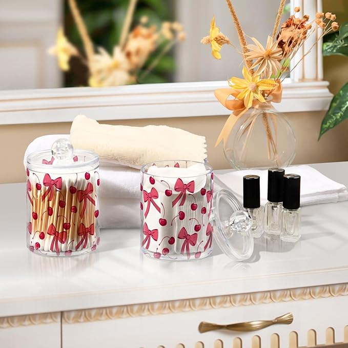 ALAZA 4 Pack Qtip Holder Dispenser Pink Cherry Bow Cotton Ball Cotton Swab Round Pads Floss Clear Bathroom Storage Containers Plastic Apothecary Jars with Lids