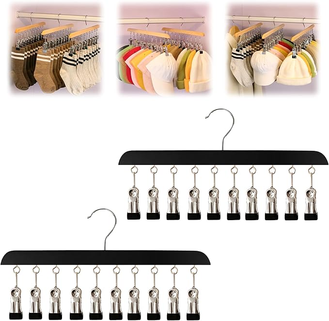 Closet Organizer with 10 Clips, 2026 New Space Saving Hanging Closet Organizer, Hat Scarf Clothespins for Legging Jeans Skirts Socks Pant Hangers (Black-10 Clips, 2 Pcs)