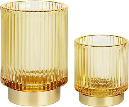 Makeup Brush holder Organizer, Crystal Glass Toothbrush Holders, Striped Make Up Brush Holder for Vanity, Pen Holder for Desk, Vase -Gold (S+L)