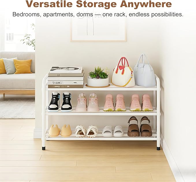 KANAV 3-Tier Expandable Shoe Rack, Heavy Duty Adjustable Metal Shoe Organizer for Closet & Entryway, Freestanding, Tool-Free Assembly, White