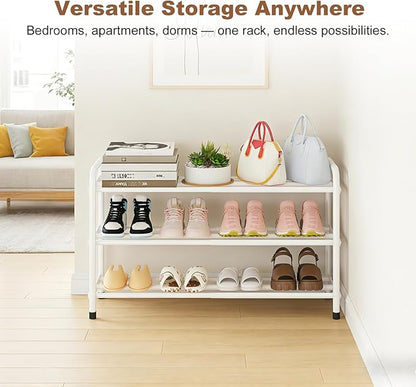 KANAV 3-Tier Expandable Shoe Rack, Heavy Duty Adjustable Metal Shoe Organizer for Closet & Entryway, Freestanding, Tool-Free Assembly, White