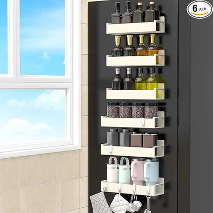 HuggieGems 6 Pack Magnetic Spice Rack Organizer for Refrigerator and Oven, Cream White Fridge Organizers and Storage for Kitchen