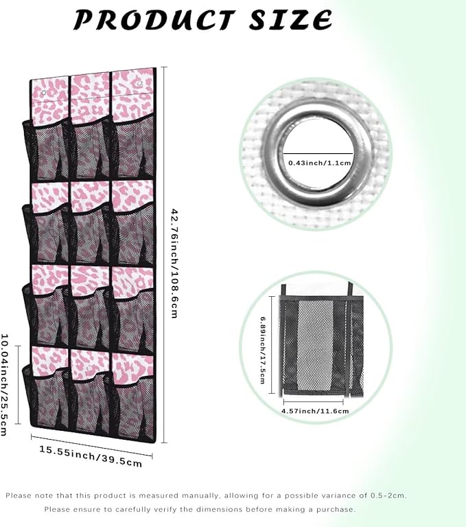12-Pocket Waterproof Door Hanging Storage Bag Oxford Fabric Foldable and Designed for Bathroom Closet or Bedroom Organization, Pink Leopard Print