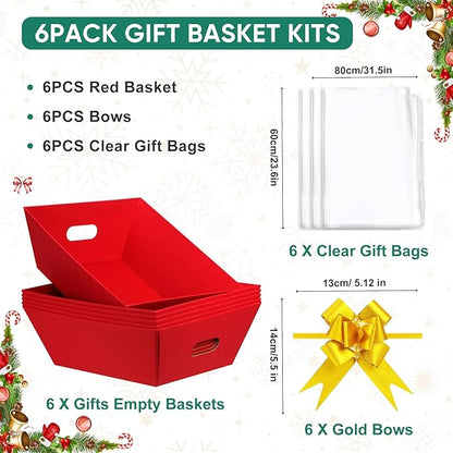 AFOROEOA 6PACK Red Baskets For Gifts Empty, 10x12”Thick Gift Basket with 6Bows 6Bags Empty Gift Baskets for Christmas, Easter, Birthdays, Valentine’s Day Wrapping Gift