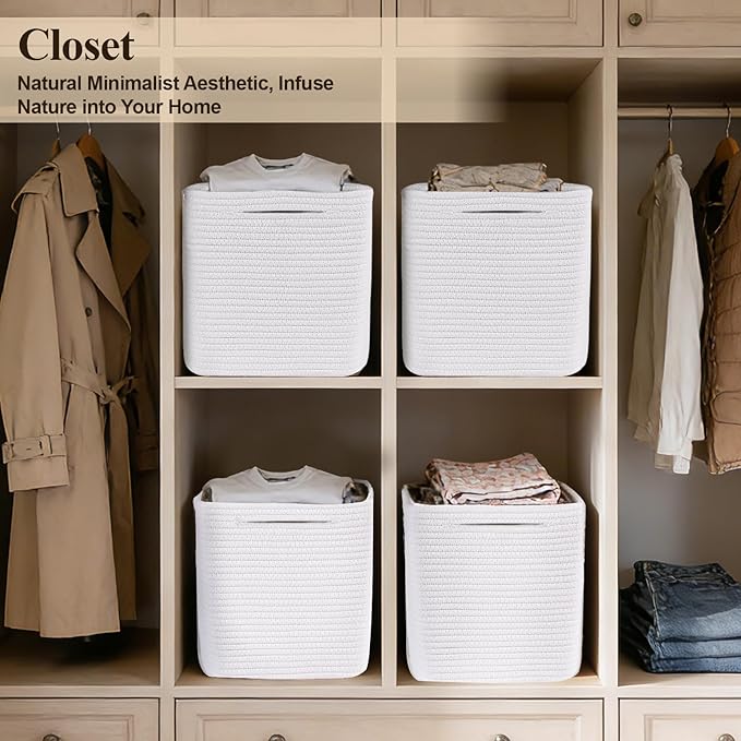 Cube Storage Bins 11 Inch Shelf Cotton Rope Baskets for Organizing, Woven Storage Basket - For Magazines, Living Room, Closet, White 1 Pack