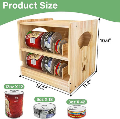 Wood Cat Can Organizer for Pantry, 2 Tier Stackable Can Storage Rack for Kitchen Counter And Cabinet Cat Food Storage Container Holds 36 (3oz) Cans FIFO Design