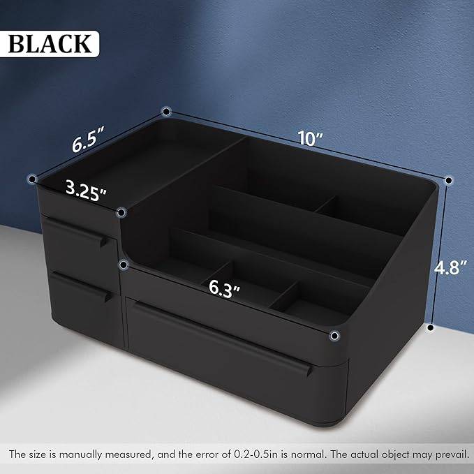 Makeup Organizer for Vanity, Bathroom Countertop Storage Display Boxes Case,Stackable Cosmetic Holder for Jewelry Hair Accessories Beauty Skincare Product Organizing with drawer organizer tray, Black