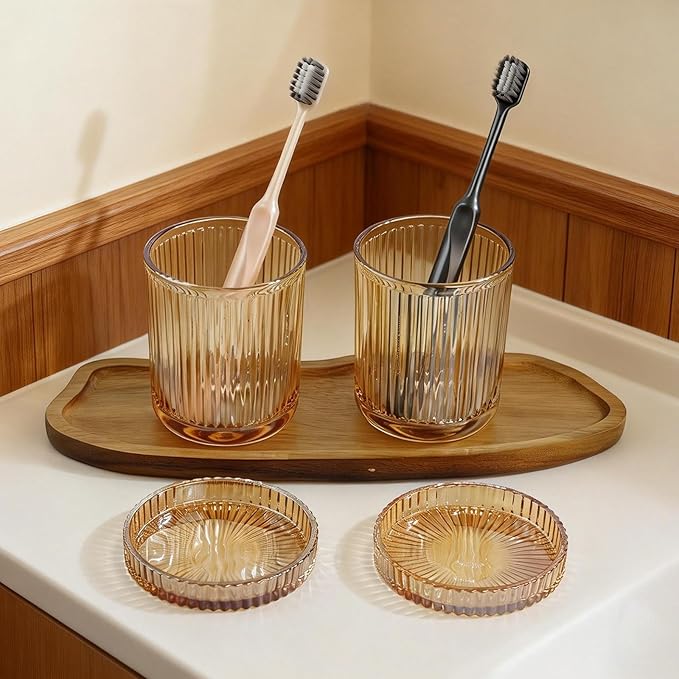 2 Pack Glass Container Qtip Holder with Lid,Mouthwash Cup,Cosmetic Storage for Bathroom,Glass Jars for Cotton Swabs,Makeup Pads,Dental Flossers,Jewelry Trays,Glass holders,Amber