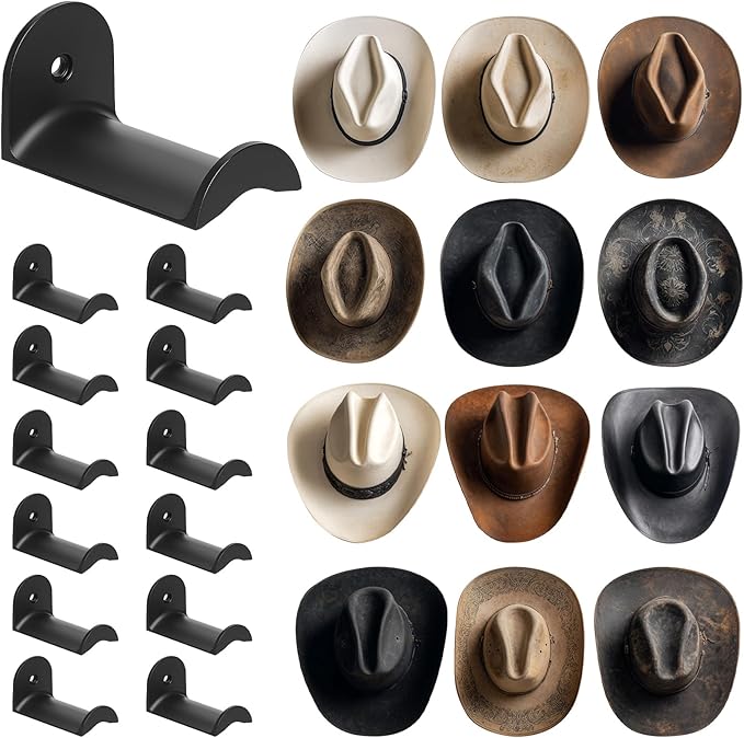 12 Pcs Cowboy Hat Rack for Wall, Hat Holder with Strong Adhesive Screws Bolts, Cowboy Hat Hook Hold up to 12 Hats, Hat Hanger for Baseball Caps Keys Accessories, Western Hat Hook Room Décor