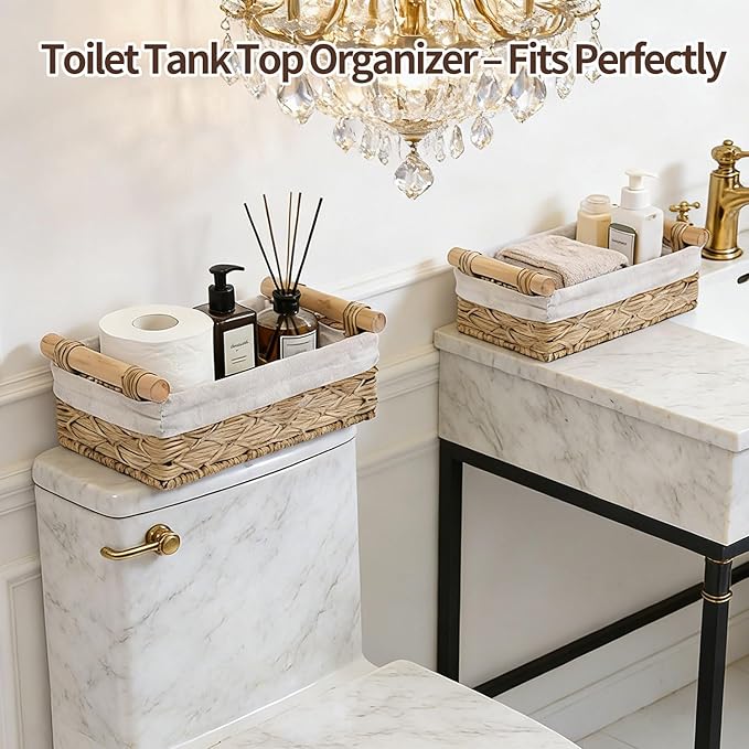 Storage Basket Wicker Baskets for Organizing, Storage Bins for Countertop & Toilet Paper, Toilet Tank Top Organizer (Set of 2, Beige)