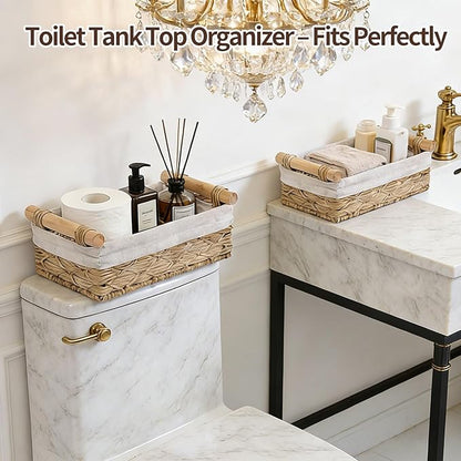 Storage Basket Wicker Baskets for Organizing, Storage Bins for Countertop & Toilet Paper, Toilet Tank Top Organizer (Set of 2, Beige)