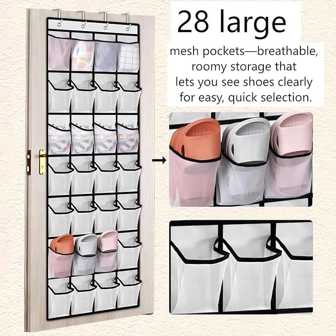 ZHQZZPHOver the Door Shoe Organizer 28 Pockets Clear Hanging Shoe Rack for Door and Wall Large Storage Shoe Holder Perfect for Kids Shoes Organizer White