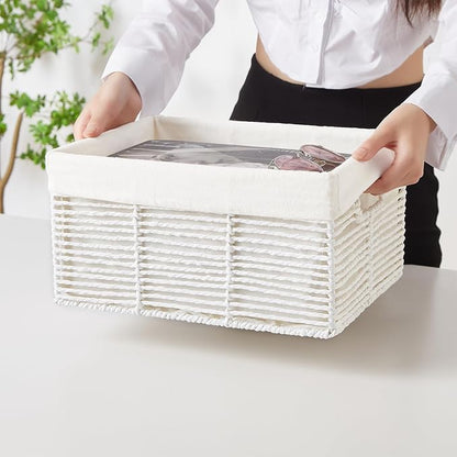 Vagusicc Wicker Storage Basket, 6 Pack Baskets for Organizing, Wicker Baskets with Handle, Rectangular Wicke Basket for Storage Shelves, Cube Storage Bins for Closet/Clothes/Dresser, White
