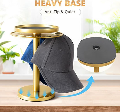 kondyfayo 360° Rotating Hat Organizer for Baseball Caps, Stainless Steel Hat Rack Holder with Top Storage Tray for Small Essentials, Ball Cap Storage Organizer for Closet, Entryway, Display (Gold)