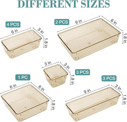 StorMiracle 13 PCS Drawer Organizer Set, 5 Varied Size Bathroom and kitchen Drawer cabinet organizer Trays, Clear Storage Bins for Makeup, Jewelry, Utensils and Gadgets, Champagne