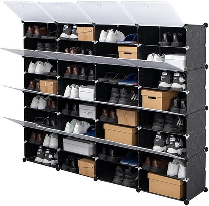Shoe Rack Organizer, 16 Cube 8 Tier Covered Shoe Storage Cabinet 64 Pairs Freestanding DIY Shoe Shelves Plastic Shoes Rack for Closet Entryway Hallway Bedroom (Black3)