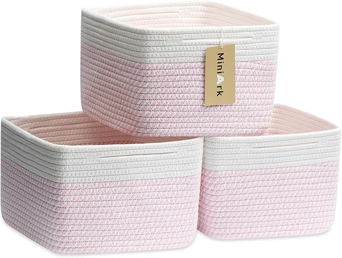 MiniArk Small Organizing Baskets for Cubes Shelf, 9.7x9.7x7.1 Inch Rope Woven Storage Bins for Nursery Shelves Storage, Cute Toy Basket, Square 3 Packs Off White Pink