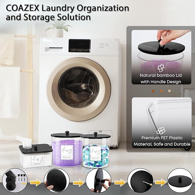 COAZEX 3 Pack Laundry Powder Container & Dryer Sheet Holder, Plastic Laundry Room Organization and Storage Jars with Lids, Labels & Scoops for Powder, Detergent, Scent Booster (Black Lid)