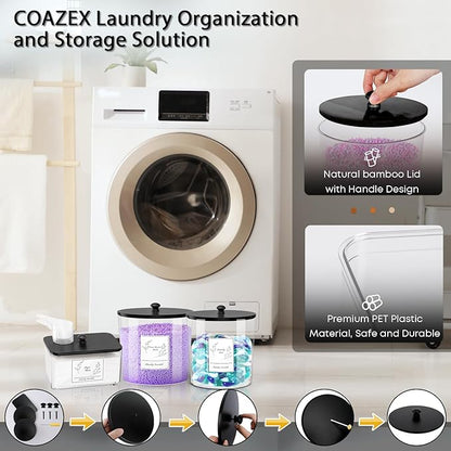 COAZEX 3 Pack Laundry Powder Container & Dryer Sheet Holder, Plastic Laundry Room Organization and Storage Jars with Lids, Labels & Scoops for Powder, Detergent, Scent Booster (Black Lid)