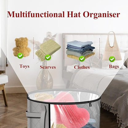 Oversized Clear Hat Storage Bag for Women, Closet Hat Boxes Organizer Bag with Dustproof Lids, Holds up to 7 Caps Cowboy Hat Organizer for Closet, Hat Carrier Case for Travel (Grey)