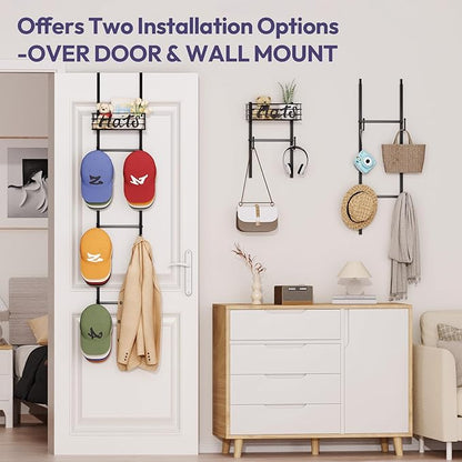 SWTYMIKI Over Door Hat Organizer - Wall Mounted Hat Rack with 6 Hooks and Metal Basket Design, Hanging Baseball Cap Organizer Storage Holds Up to 32 Caps for Door, Bedroom, Closet (Black)