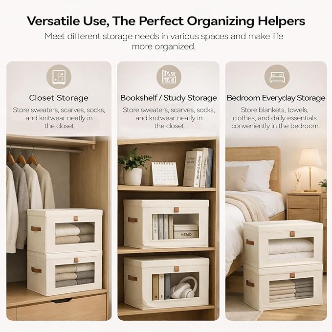 Large Storage Bins with Lids,Stackable&Collapsible Closet Storage Bins,Oxford Fabric Organizer Box with Clear Window,Large Decorative Storage Boxes for Closet,Shelves,Dorm