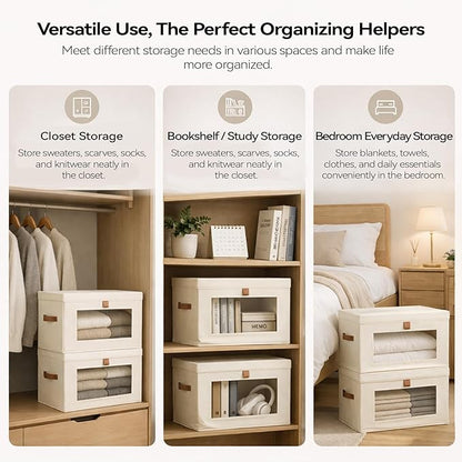 Large Storage Bins with Lids,Stackable&Collapsible Closet Storage Bins,Oxford Fabric Organizer Box with Clear Window,Large Decorative Storage Boxes for Closet,Shelves,Dorm